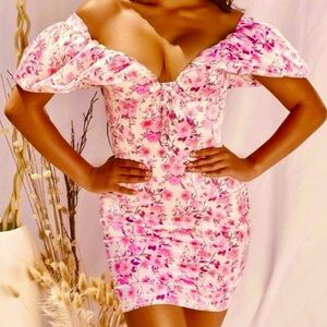 Mari Bella Oh Polly Dress Ruched Floral Off the Shoulder Ruched Bodycon Mini S